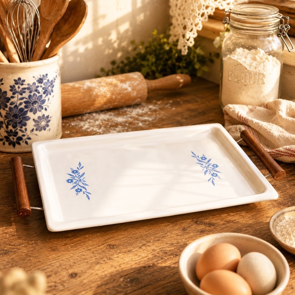Corning Ware Blue Cornflower Tray | Vintage Pyroceram Bakeware with Teak Handles